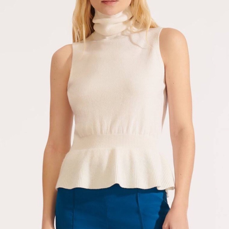 Veronica Beard Cashmere Noor Turtleneck Peplum Sleeveless Sweater Ivory Ecru
